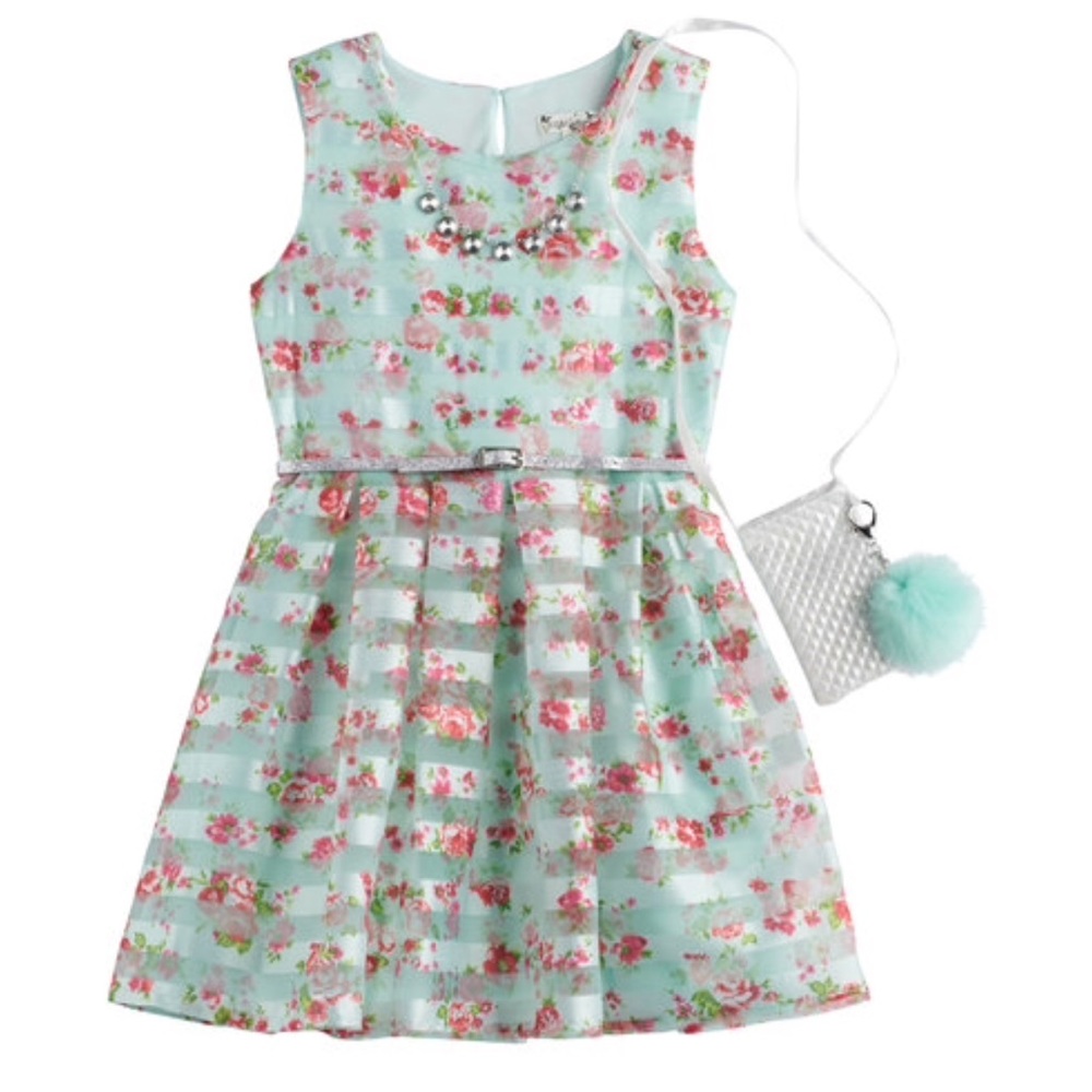 🆕 mint floral dress + necklace + belt + purse - Picture 1 of 8